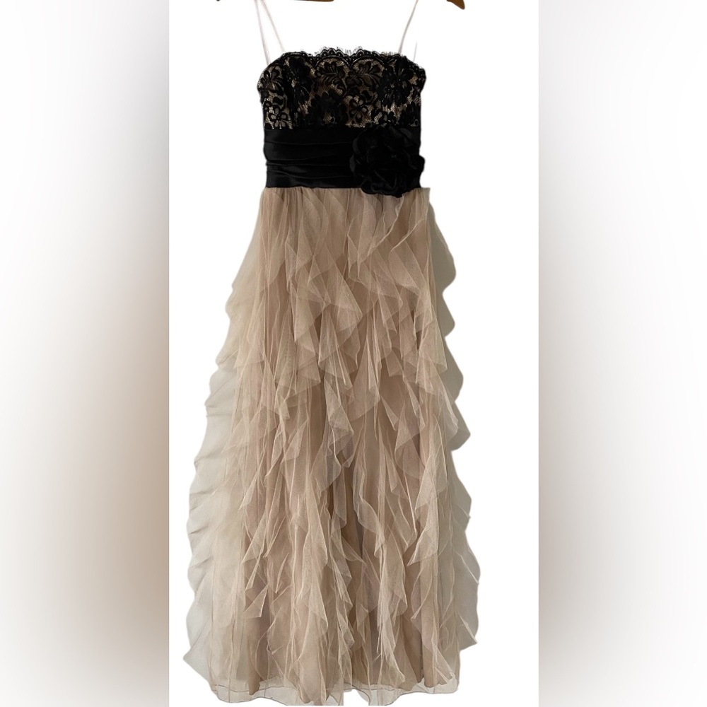 Roberta Black Beige Lace Ruffle Long Dress Size 3/4